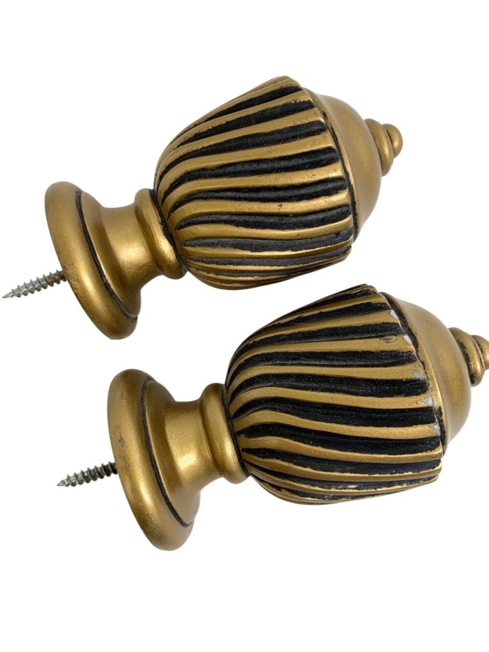 Set Of 2 Vintage Gold Solid Fluted Acorn Wood Drapery Rod Finials Screw-In